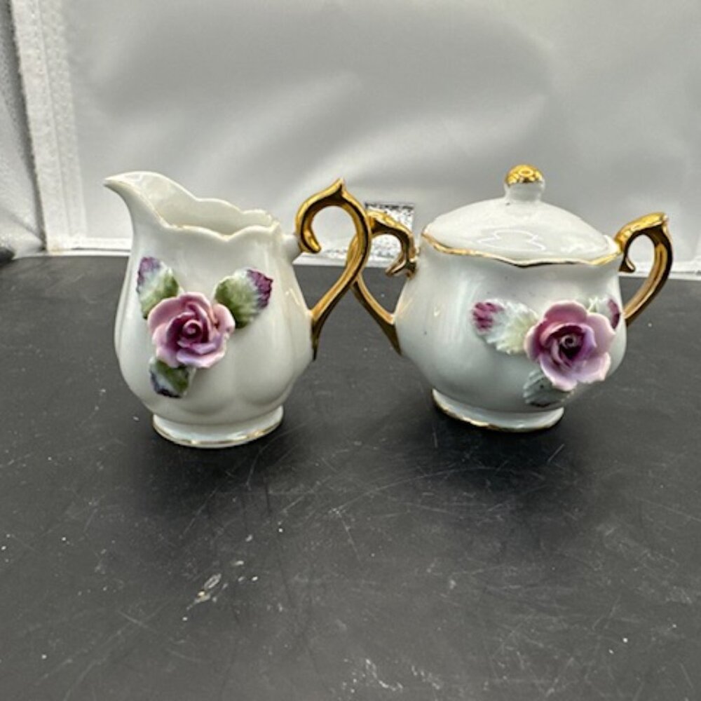 Mini Procelain Creamer and Sugar Set with 3D Rose Made in Japan